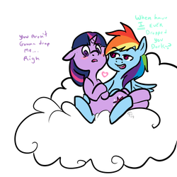 Size: 500x500 | Tagged: safe, artist:mt, rainbow dash, twilight sparkle, pegasus, pony, unicorn, g4, cloud, duo, female, lesbian, on a cloud, ship:twidash, shipping, sitting, sitting on a cloud, sitting on lap, unicorn twilight