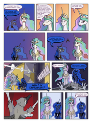 Size: 900x1200 | Tagged: safe, artist:arofatamahn, princess celestia, princess luna, oc, oc:garret (arofatamahn), griffon, comic:the night the magic died, g4, comic