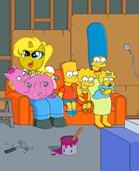 Size: 442x542 | Tagged: safe, edit, oc, oc only, oc:ticket, alicorn, pig, pony, baby cakes, g4, alicorn oc, bart simpson, couch gag, harry plopper, homer simpson, lisa simpson, maggie simpson, male, marge simpson, piggie pie, pigified, species swap, spiderpig, the simpsons