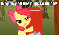 Size: 737x441 | Tagged: safe, edit, edited screencap, screencap, apple bloom, earth pony, pony, g4, the super speedy cider squeezy 6000, caption, female, filly, image macro, punching bag, text, tree