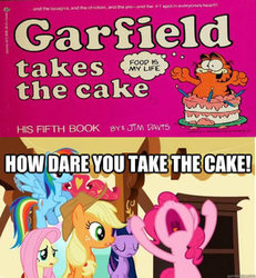 Size: 286x310 | Tagged: safe, applejack, fluttershy, pinkie pie, rainbow dash, twilight sparkle, g4, cake, crossover, garfield, male, nose in the air, thought bubble, yelling