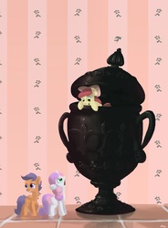Size: 2450x3325 | Tagged: safe, artist:docwario, apple bloom, scootaloo, sweetie belle, earth pony, pony, g4, cutie mark crusaders, giant vase, high res, nervous, vase
