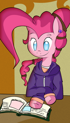 Size: 1090x1900 | Tagged: safe, artist:llamaswithkatanas, pinkie pie, earth pony, semi-anthro, g4, alternate hairstyle, book, clothes, ear piercing, earring, female, hoodie, jewelry, no pupils, piercing, solo