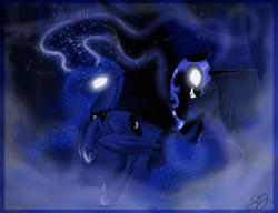 Size: 3000x2308 | Tagged: safe, artist:probablyfakeblonde, nightmare moon, princess luna, g4, duality, glowing eyes, high res