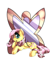 Size: 1177x1329 | Tagged: safe, artist:monythecat, fluttershy, pegasus, pony, g4, abstract background, blushing, cutie mark background, female, folded wings, hoof on chin, looking at you, mare, open mouth, prone, simple background, smiling, solo, transparent background, wings