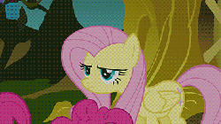 Size: 384x216 | Tagged: safe, screencap, fluttershy, pinkie pie, rarity, bridle gossip, g4, season 1, animated, bipedal, dancing, duo focus, evil enchantress, eye bulging, female, flutterguy, fluttershy is not amused, hairity, pinkie being pinkie, spitty pie, swirly eyes, tongue out