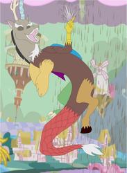 Size: 703x960 | Tagged: safe, discord, draconequus, g4, the return of harmony, chaos, chocolate, chocolate rain, cloud, cotton candy, cotton candy cloud, discorded landscape, eyes closed, floating, food, green sky, laughing, male, ponyville, ponyville town hall, rain, solo