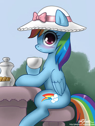 Size: 700x933 | Tagged: safe, artist:johnjoseco, rainbow dash, pegasus, pony, g4, awkward, awkward moment, blushing, caught, cloche hat, cute, dashabetes, dressup, embarrassed, fancy, female, flank, folded wings, funny, hat, mare, rainbow dash always dresses in style, signature, sitting, solo, tea, tea party, teacup, wings