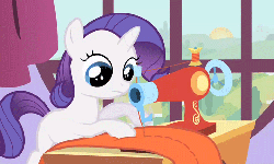 Size: 791x476 | Tagged: safe, screencap, rarity, pony, g4, season 1, the cutie mark chronicles, animated, carousel boutique, female, filly, loop, sewing, sewing machine, solo