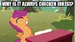 Size: 480x270 | Tagged: safe, edit, edited screencap, screencap, scootaloo, chicken, g4, season 1, the show stoppers, animated, female, scootachicken