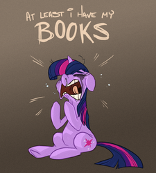 Size: 600x666 | Tagged: dead source, safe, artist:frostadflakes, twilight sparkle, pony, unicorn, bookhorse, crying, depressed, depression, dialogue, eyes closed, featured image, female, floppy ears, forever alone, gradient background, harsher in hindsight, hilarious in hindsight, lonely, mare, meme, mouth, open mouth, runny nose, sad, screaming, sitting, snot, solo, teeth, text, that pony sure does love books, tongue out, unicorn twilight, volumetric mouth, yelling