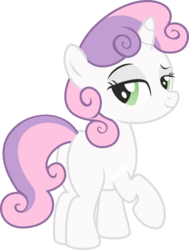 Size: 1805x2393 | Tagged: safe, artist:leopurofriki, sweetie belle, pony, unicorn, g4, bedroom eyes, blank flank, butt, female, filly, looking at you, plot, simple background, solo, sweetie butt, transparent background