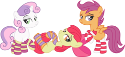Size: 5594x2576 | Tagged: safe, artist:leopurofriki, apple bloom, scootaloo, sweetie belle, earth pony, pegasus, pony, unicorn, g4, bedroom eyes, butt, clothes, cutie mark crusaders, female, filly, high res, plot, simple background, socks, striped socks, transparent background