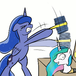 Size: 1000x1000 | Tagged: safe, artist:theparagon, princess celestia, princess luna, alicorn, pony, princess molestia, g4, animated, bipedal, duo, duo female, eyes closed, female, gif, hoof hold, mare, pun, request, royal sisters, simple background, squeaky hammer, visual pun, whack a mole, white background