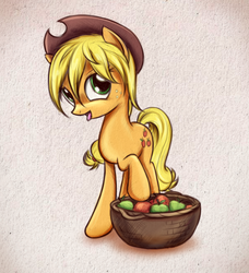 Size: 604x662 | Tagged: safe, artist:fajeh, applejack, earth pony, pony, g4, apple, basket, female, solo