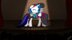 Size: 1600x900 | Tagged: safe, artist:zonra, dj pon-3, octavia melody, vinyl scratch, fanfic:allegrezza, g4, allegrezza, clothes, crying, dress, duo, eyes closed, fanfic, fanfic art, female, happy, hug, lesbian, ship:scratchtavia, shipping