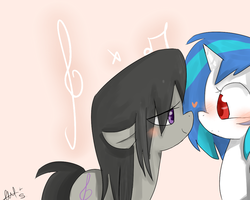 Size: 1000x800 | Tagged: safe, artist:hakubaka, dj pon-3, octavia melody, vinyl scratch, g4, bedroom eyes, blushing, female, heart, lesbian, ship:scratchtavia, shipping, wet mane