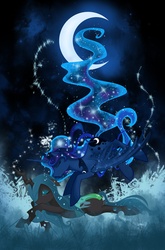 Size: 2550x3856 | Tagged: safe, artist:azurainalis, princess luna, queen chrysalis, alicorn, changeling, changeling queen, pony, g4, chrysaluna, crescent moon, eyes closed, female, high res, lesbian, moon, shipping