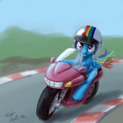 Size: 640x640 | Tagged: safe, artist:giantmosquito, rainbow dash, pegasus, pony, g4, female, motorcycle, race track, riding