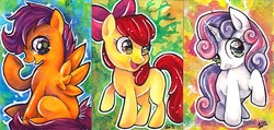 Size: 550x261 | Tagged: safe, artist:greyradian, apple bloom, scootaloo, sweetie belle, earth pony, pegasus, pony, unicorn, g4, abstract background, apple bloom's bow, blank flank, bow, cutie mark crusaders, female, filly, foal, hair bow, open mouth, raised hoof, signature, sitting, spread wings, traditional art, wings