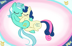 Size: 2177x1409 | Tagged: safe, artist:walliscolours, bon bon, lyra heartstrings, sweetie drops, earth pony, pony, unicorn, g4, blushing, cuddling, female, lesbian, mare, ship:lyrabon, shipping, snuggling