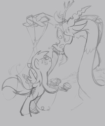 Size: 666x800 | Tagged: safe, artist:tomatocoup, derpy hooves, discord, pegasus, pony, g4, confused, female, food, mare, marionette, monochrome, muffin, sketch