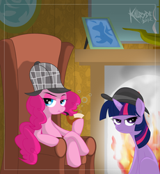 Size: 2300x2500 | Tagged: safe, artist:killryde, pinkie pie, twilight sparkle, g4, bubble pipe, deerstalker, detective, female, hat, high res, lesbian, pipe, sherlock holmes, sherlock pie, ship:twinkie, shipping, twilight sparkle is not amused, unamused, watson