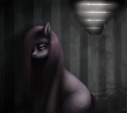 Size: 1100x980 | Tagged: safe, artist:ventious, pinkie pie, earth pony, pony, g4, depressed, female, hair over one eye, looking back, mare, pinkamena diane pie, sad, sitting, solo