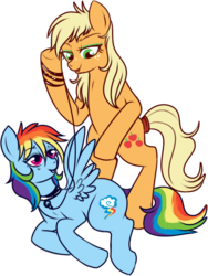 Size: 443x588 | Tagged: safe, artist:lulubell, applejack, rainbow dash, earth pony, pegasus, pony, g4, bipedal, bondage, collar, female, leash, lesbian, mare, pet play, ship:appledash, shipping, simple background, transparent background