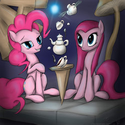 Size: 900x900 | Tagged: safe, artist:rule1of1coldfire, pinkie pie, earth pony, pony, g4, duality, duo, pinkamena diane pie, tea