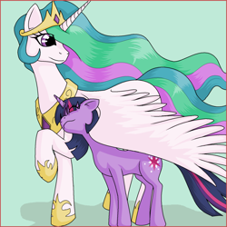 Size: 1000x1000 | Tagged: safe, artist:mbs, princess celestia, twilight sparkle, alicorn, pony, unicorn, g4, female, horn, lesbian, ship:twilestia, shipping, unicorn twilight