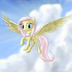 Size: 900x900 | Tagged: safe, artist:rule1of1coldfire, fluttershy, pegasus, pony, g4, cloud, female, flying, looking at you, mare, raised hoof, sky, smiling, solo, spread wings, three quarter view, wings