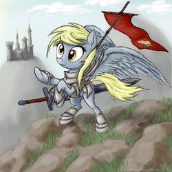 Size: 900x900 | Tagged: safe, artist:rule1of1coldfire, derpy hooves, pegasus, pony, g4, armor, female, mare, solo, sword