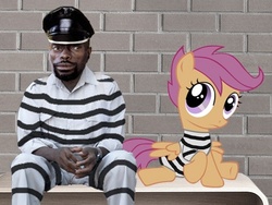 Size: 382x288 | Tagged: safe, scootaloo, human, g4, black overlord, clothes, frown, irl, irl human, meme, photo, prison, prison outfit