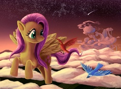 Size: 1573x1152 | Tagged: safe, artist:tsitra360, fluttershy, bird, g4, cloudsdale