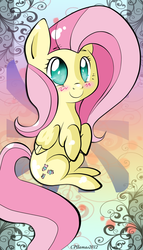 Size: 1090x1900 | Tagged: safe, artist:llamaswithkatanas, fluttershy, pegasus, pony, g4, abstract background, blushing, female, folded wings, hooves to the chest, looking at you, mare, no pupils, sitting, smiling, solo, three quarter view, wings