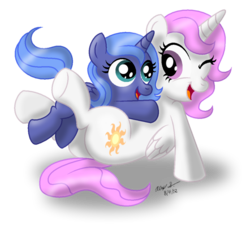 Size: 1024x935 | Tagged: safe, artist:aleximusprime, princess celestia, princess luna, pony, g4, age of the alicorns, cewestia, cute, female, filly, glomp, pink-mane celestia, s1 luna, simple background, transparent background, woona, young celestia, young luna