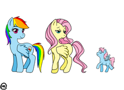 Size: 827x598 | Tagged: safe, fluttershy, rainbow dash, oc, g4, female, filly, lesbian, magical lesbian spawn, offspring, parent:fluttershy, parent:rainbow dash, parents:flutterdash, ship:flutterdash, shipping