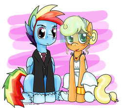 Size: 1732x1536 | Tagged: safe, artist:claireannecarr, applejack, rainbow dash, g4, alternate hairstyle, applejack also dresses in style, blitzabetes, bracelet, clothes, cute, cutie mark necklace, dress, earring, female, half r63 shipping, jewelry, lipstick, looking at you, male, marriage, necklace, rainbow blitz, rule 63, rule63betes, ship:appleblitz, ship:appledash, shipping, sideburns, straight, suit, tuxedo, wedding, wedding dress, wedding veil
