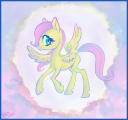 Size: 843x791 | Tagged: safe, artist:maiasoara, fluttershy, pegasus, pony, g4, female, filly, flying, profile, sky, smiling, solo, spread wings, wings