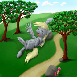 Size: 900x900 | Tagged: safe, artist:rule1of1coldfire, apple bloom, derpy hooves, earth pony, pegasus, pony, g4, apple bloom's bow, black and white game, blank flank, bow, cloud, duo, duo female, eyes closed, female, filly, foal, giant derpy hooves, grass, hair bow, lionhead studios, looking at someone, lying down, macro, mare, on back, open mouth, outdoors, road, rock, sky, tree, wings