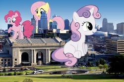 Size: 2560x1699 | Tagged: safe, fluttershy, pinkie pie, sweetie belle, earth pony, pegasus, pony, unicorn, g4, city, crush fetish, female, filly, foal, giant earth pony, giant pegasus, giant pinkie pie, giant pony, giant unicorn, giantess, giantshy, highrise ponies, horn, kansas city, macro, mare, missouri