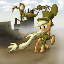 Size: 900x900 | Tagged: safe, artist:rule1of1coldfire, applejack, earth pony, pony, g4, clothes, female, hat, raised hoof, solo, steampunk, top hat