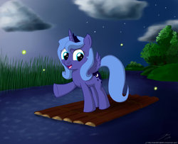 Size: 900x731 | Tagged: safe, artist:rule1of1coldfire, princess luna, pony, g4, female, raft, raised hoof, solo, water, woona