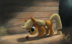 Size: 1024x630 | Tagged: dead source, safe, artist:grissaecrim, applejack, worm, g4, apple, female, filly, filly applejack, solo, younger