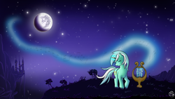 Size: 1920x1080 | Tagged: dead source, safe, artist:zephrysdaemon, lyra heartstrings, pony, g4, canterlot, lyre, magic, magic aura, mare in the moon, moon, music, music notes, musical instrument, night, solo, wallpaper