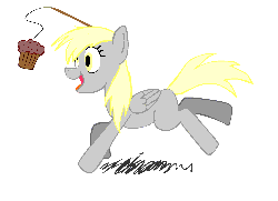 Size: 1000x727 | Tagged: safe, artist:poniker, derpy hooves, pegasus, pony, g4, animated, carrot on a stick, female, mare, muffin, solo, that pony sure does love muffins