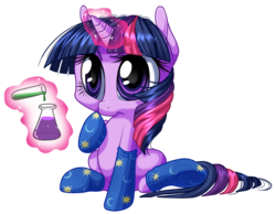 Size: 750x581 | Tagged: safe, artist:kittehkatbar, twilight sparkle, pony, unicorn, g4, clothes, cute, female, filly, flask, glowing horn, horn, magic, science, simple background, socks, solo, telekinesis, test tube, transparent background, twiabetes