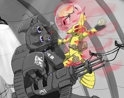 Size: 707x560 | Tagged: safe, artist:madhotaru, oc, oc only, oc:puppysmiles, earth pony, pony, robot, fallout equestria, fallout equestria: pink eyes, canterlot ghoul, fanfic, fanfic art, female, filly, foal, gun, hazmat suit, hooves, machine gun, open mouth, pink cloud (fo:e), rock, rock of destiny, saddle bag, sentry bot, solo, teeth, weapon