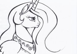 Size: 900x642 | Tagged: dead source, safe, artist:givenheart, princess celestia, pony, g4, female, monochrome, outline, solo